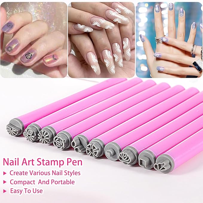 10pcs Nail Art Stamp Pen Set Flower Design Nail Stamping Pens Nail Stamp Tool Nail Art Stamps for Women