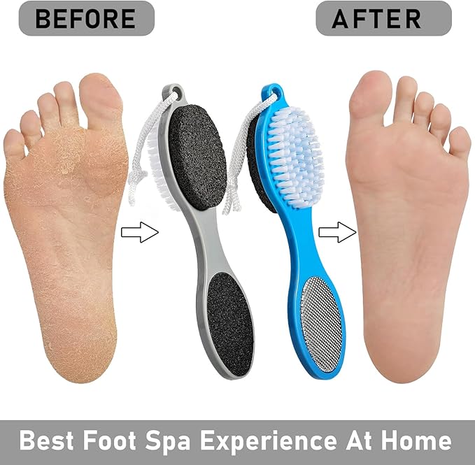 Pumice Stone Brush for Feet 4 in 1, Foot File Callus Remover, Foot Rasp and Sand Paper Pedicure Tools with Handle, Shower Foot Scrubber, Soft Smooth Feet for Home Foot Care,2 Pack