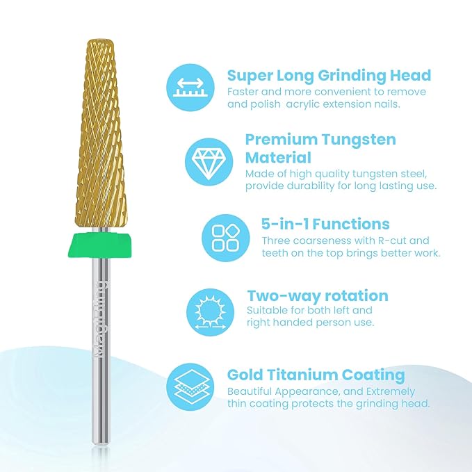 24mm Super Long 5 in 1 Nail Drill Bits, Professional 3/32'' Tungsten Carbide Bits, Fast Gel Removal for Long Acrylic Nails, Left Right Hand Use, Manicure Cuticle Hard Gel Polishing, Coarse