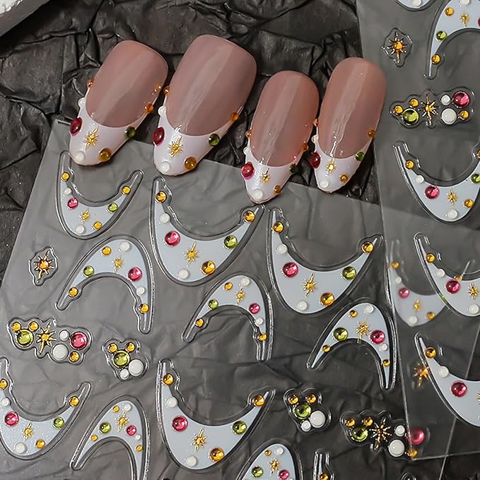 1 Sheets White French Tip Nail Decals for Nail Art 5d Star Diamond Nail Stickers Embossed French Tips Nail Art Stickers Self-Adhesive Colorful Rhinestones Stars Nail Design Sticker for Women