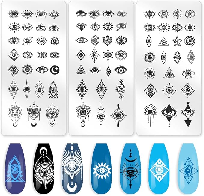 3Pcs Evil Eye Stamp for Nails Mystical Nail Art Stamp Templates Nail Plates Stamping Set Stainless Steel Reusable Tools with Stamper Scraper for Manicure Printing