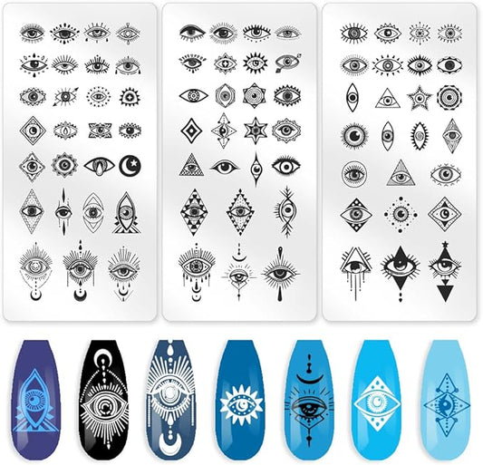 3Pcs Evil Eye Stamp for Nails Mystical Nail Art Stamp Templates Nail Plates Stamping Set Stainless Steel Reusable Tools with Stamper Scraper for Manicure Printing