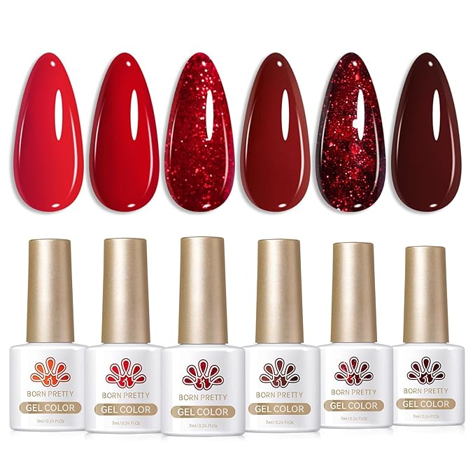 Born Pretty Red Gel Nail Polish Set 6Colors Dark Burgundy Wine Red Bloody Mary Collection Popular Shimmer Glitter Halloween Nail Gel Nails Art Design Minicure DIY Salon and Home 7ml