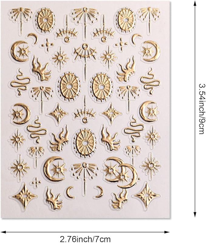 3D Celestial Nail Art Stickers, Gold and Silver Moon Star Design, Self-Adhesive Decals for DIY Nail Decoration, 2 Sheets