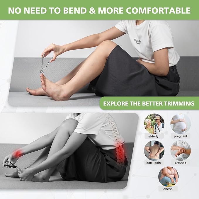 BALUCA Ergonomic Nail Clipper for Seniors - Toenail Clipper for Thick Toenails and Fingernails, Long Handle Nail Clippers with Catcher, Precision Nail Trimmer for Men and Women - Silver