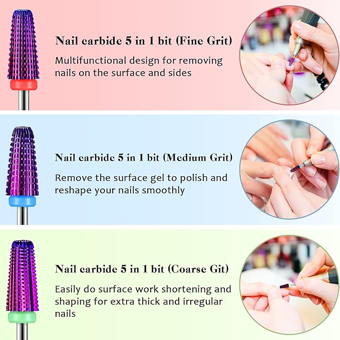 3 Pieces Nail Carbide 5 in 1 Bit, Nail Drill Bits Set-2 Way Rotate Use for both Left to Right Handed, 3/32 Inch Shank Size Drill Machine for Fast Remove Acrylic or Hard Gel (Purple)