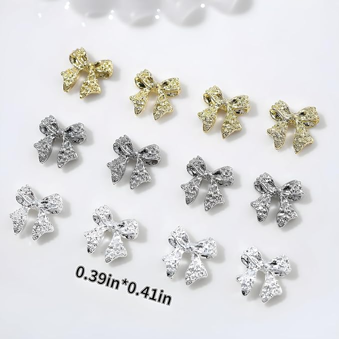 36 Pcs Bow Nail Art Charms 3D Alloy Bow Nail Charms Silver Gold Nail Rhinestones for DIY Acrylic Nails Metal Nail Gems for Women and Girls