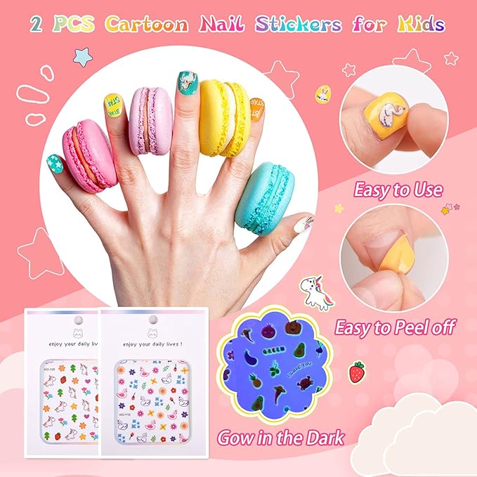 wakaniya Kids Nail Polish - Mini Nail Polish Set for Girls 12 Rainbow Colors with Nail Stickers, Water Based Natural Safe Non Toxic Peel Off