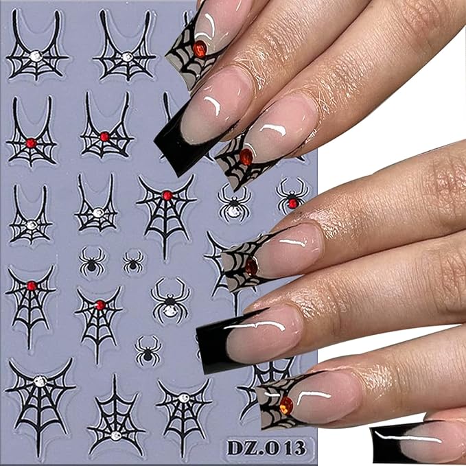 5 Sheets Halloween Nail Art Stickers 3D Self -Adhesive Spider Web with Rhinestones Design Nail Decals Holographic Diamond Spider Nail Stickers Halloween Nail Decoration for Women Manicure Supplies