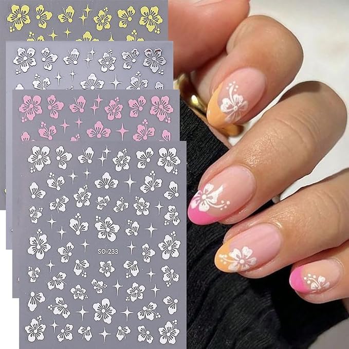 6Pcs Flowers Nail Art Stickers Decals 3D Pink Hibiscus Flower Nail Stickers Rose Gold Silver Yellow White Floral Nail Art Design Decoration Daisy Petals Nail Decals Cute Nail Supplies for Women Girls