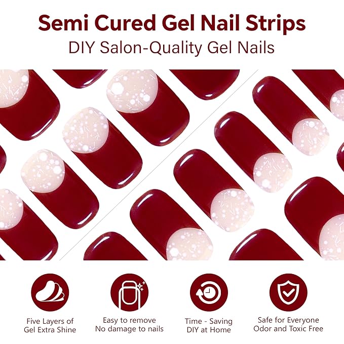 Semi Cured Gel Nail Strips-Christmas Nail Art Stickers Decals DIY New Year Xmas Holiday Nail Decor(Christmas Red French)
