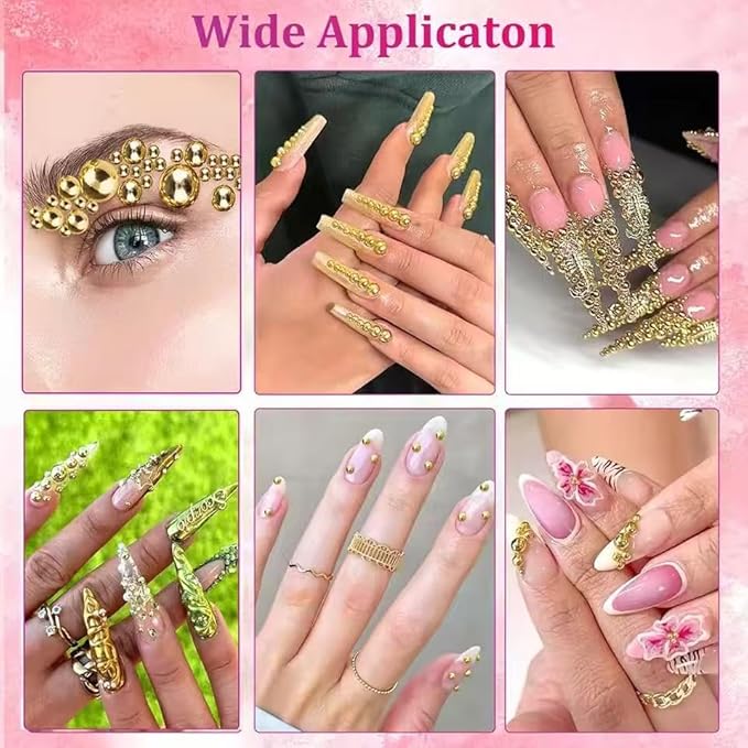 24Grid Gold Solver Nail Art Rhinestones 3D Flatback Rhinestones Pearl Nail Charms and Crystals Gems Nail Accessories for Acrylic Nail Tips Manicure Decor