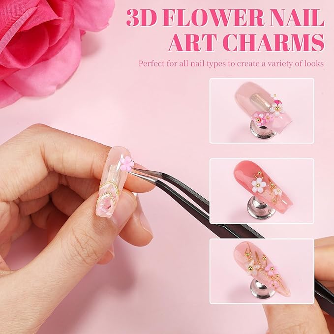 2 Boxes 3D Flower Nail Charms and Nail Beads & Bubble Beads - Rose Nail Flower Charms Pink Cherry Blossom Petal Silver/Gold Caviar Bead Mixed Sizes Glass Bubble with Nail Chain (7-S2-Mixed4)