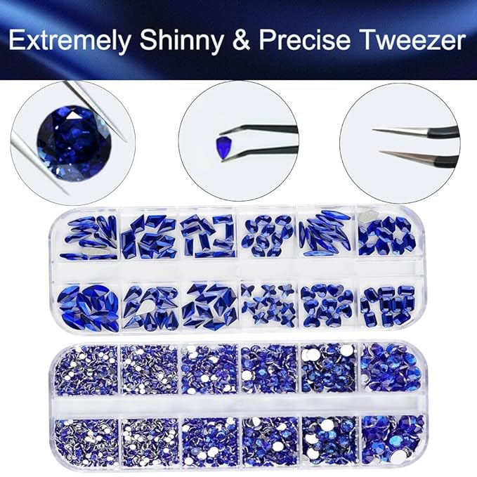 2680Pcs Royal Blue Nail Rhinestones Gems, 120pcs Multishapes Navy Blue Glass Big Nails Gem Stones with Bling Flatback Round Beads, Clear Diamond Rhinestone for DIY Face Eyes Makeup Crafts Decoration