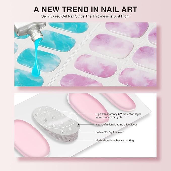 Semi Cured Gel Nail Strips - 30PCS Gel Nail Stickers for UV Light, Long-Lasting Gel Nail Wraps, Salon-Quality Semi Cured Nail Stickers, 2 Weeks Wear, Easy DIY Gel Manicure-Violet Ocean