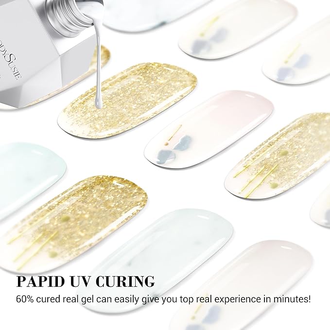 MelodySusie Semi Cured Gel Nail Strips (White Marble), 20 PCS Classic Gel Nail Stickers, Gold Glitter Gel Nail Wraps, UV Light Required, Durable and Salon Quality