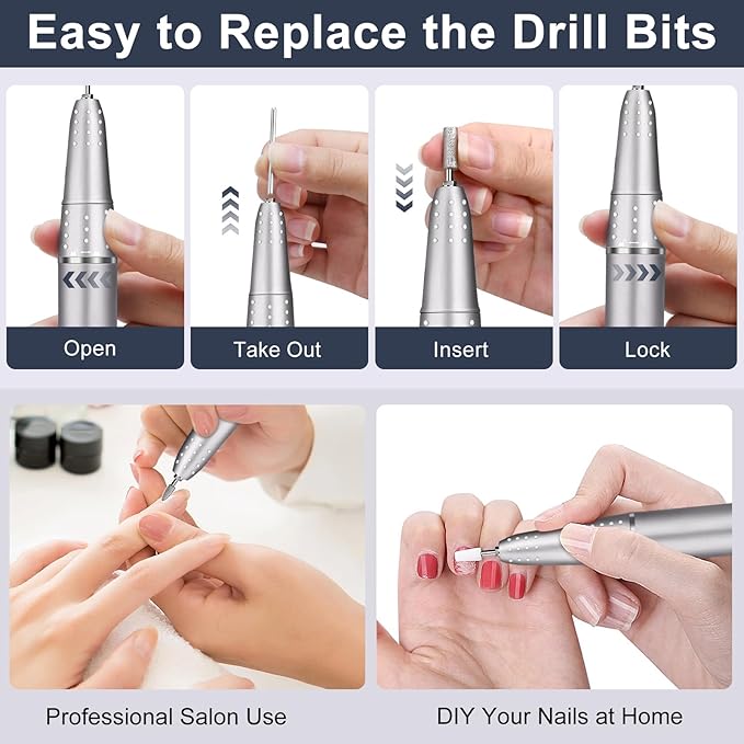 Electric Nail Drill Professional, Urbuti 45000RPM Nail Drill 4000mAh High Capacity Rechargeable Electric Nail File 11 Drill Bits Remover Gel Nail Polish Acrylic Nails Manicure for Salon Home(Gray)