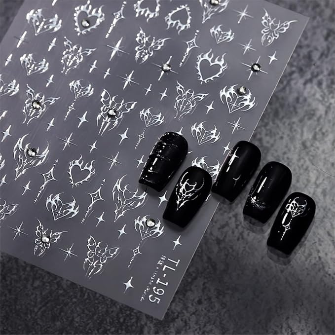 Silver Star Nail Art Stickers 5D Self Adhesive Heart Butterfly Nail Stickers for Nail Art Silver Nail Decals Rhinestone Design Star Nail Supplies for Women Girls