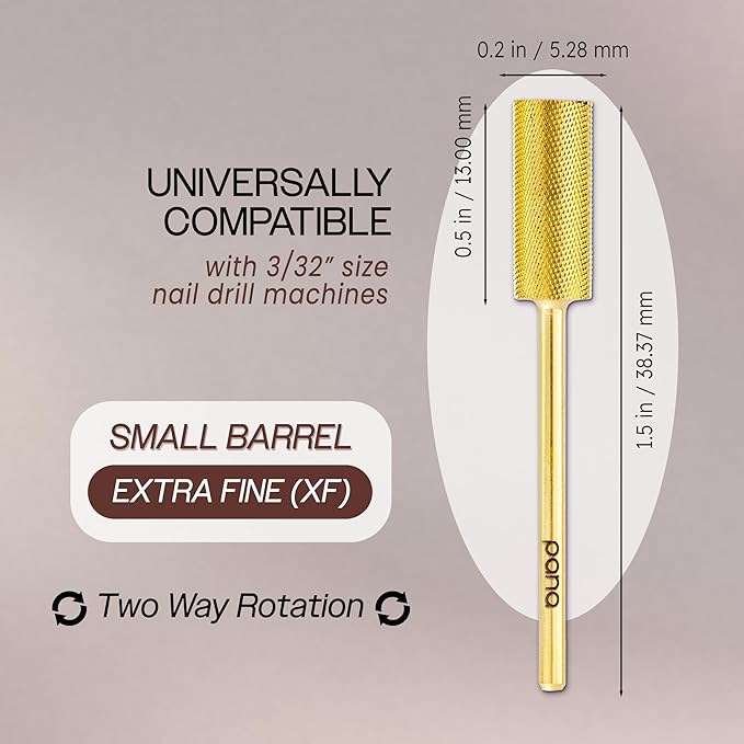 PANA Flat Top Small Barrel 3/32" Shank Size - (Gold, Extra Fine Grit) - Fast remove Acrylic or Hard Gel Nail Drill Bit for Manicure Pedicure Salon Professional or Beginner