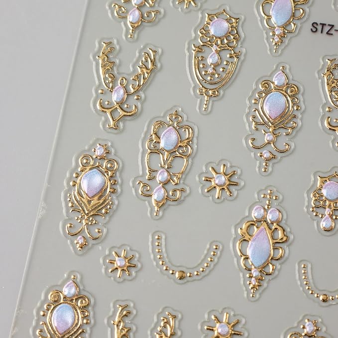 4Pcs 5D Embossed Gemstone Nail Stickers Gold Silver Nail Art Stickers Decals with Gold Mace Design Colorful Rhinestones Nail Stickers for Nail Art Mace Style Nail Decoration for Women Nails Supplies