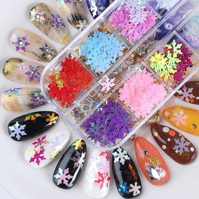 12 Colors Christmas Nail Art Glitters Snowflakes Nail Sequins 3D Nail Art Decals Holographic Laser Nail Flakes Stickers Acrylic Nails Design Glitter Xmas Nail Art Supplies Decorations