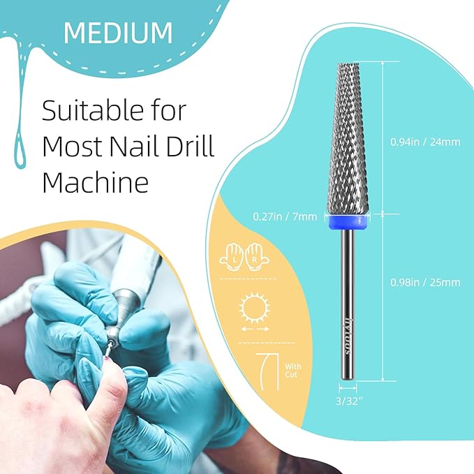 5 in 1 Nail Drill Bits, 24mm Flat Top Tapered Professional Tungsten Carbide Bit for Gel Polish & Acrylic Removal, Electric File Manicure Drills Accessories Tool,M