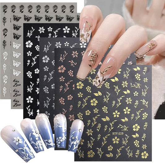 6 Sheets Gold Nail Art Stickers,3D Metallic Self-Adhesive Nail Decals Gold Silver Black White Cherry Blossom Rose Leaf Butterfly Nail Design Bronzing Flower Nail Sticker for Women Manicure Decoration