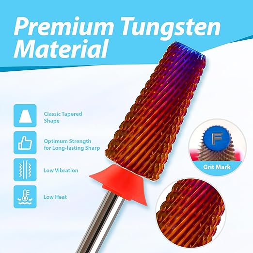 Professional Nail Drill Bits for New Artists, Cross Cut 3/32'' Safety Tungsten Carbide Tapered Bit, Remove Gel Fast, Left & Right Hand Use, Manicure Cuticle Soft Hard Gel Polishing, Fine.