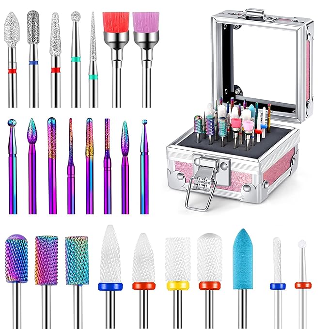 25Pcs Nail Drill Bits Set with Holder, 3/32 Inch Ceramic Tungsten Carbide Diamond Nail Drill Bit Cuticle Efile Remover for Home Salon Manicure Pedicure Acrylic Gel Polish