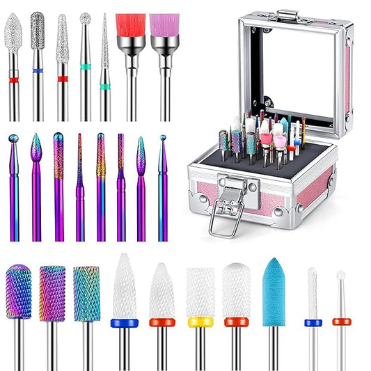 25Pcs Nail Drill Bits Set with Holder, 3/32 Inch Ceramic Tungsten Carbide Diamond Nail Drill Bit Cuticle Efile Remover for Home Salon Manicure Pedicure Acrylic Gel Polish