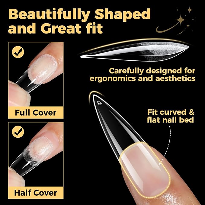 UNA GELLA Halloween Long Stiletto Gel Nail Tips, 600Pcs Pre Etched Long Stiletto Almond Nail Tips Clear Fake Nails Press on Nails No C Curve for DIY Art Salon at Home 12 Sizes