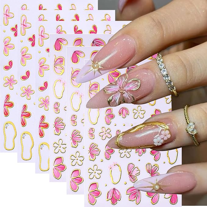 6 Sheets Pink Flower Nail Stickers for Nail Art Cherry Blossom Petals Nail Art Stickers Golden Edge with Pink Floral Blossom Design Spring Summer Nail Decals Nail Supplies for Women Acrylic Manicure