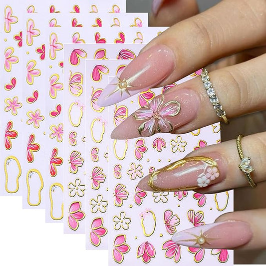 6 Sheets Pink Flower Nail Stickers for Nail Art Cherry Blossom Petals Nail Art Stickers Golden Edge with Pink Floral Blossom Design Spring Summer Nail Decals Nail Supplies for Women Acrylic Manicure