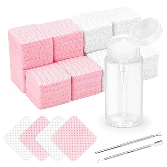 1080 + 3 Pcs Lint Free Nail Wipes Kit, Disposable Nail Polish Remover Pads Non-Woven Nails Eyelash Extensions Wipes, Nail Polish Remover Wipes with 200 ML Bottle, 2 Pcs Cuticle Pusher (Pink+white)