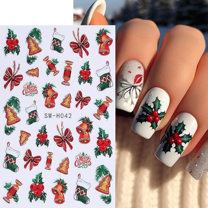 6Pcs Christmas Nail Stickers Red Bow Socks Little Bell Fruit Nail Decals DIY Self Adhesive Santa Claus Gold Tree Fireworks Design Nail Decoration Supplies Holiday Manicure Accessories for Women Girls