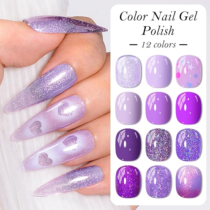 MEET ACROSS 12PCS Gel Nail Polish Set, 12 Colors Gel Nail Kit Art Design Soak Off UV LED,Nail Art Design Gifts for Women (Purple, 12PCS)