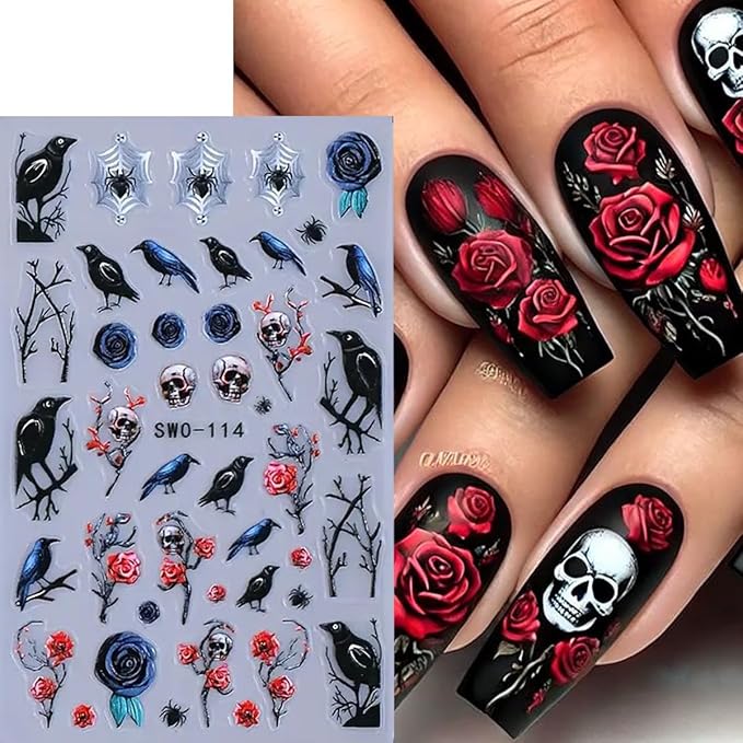 Halloween Nail Art Stickers 5D Embossed Halloween Nail Decals 3PCS Skulls Birds Roses Spider Self-Adhesive Nail Design Nail Art Supplies Holiday Nail Stickers for Women Girls DIY Manicure Decorations