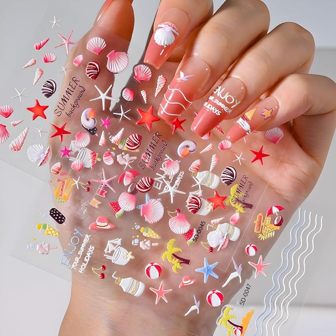 4Sheets Embossed Nail Stickers - Summer Starfish Nail Decals, Ocean Design for Acrylic Nails, Beach Shell Supplies for Women & Girls
