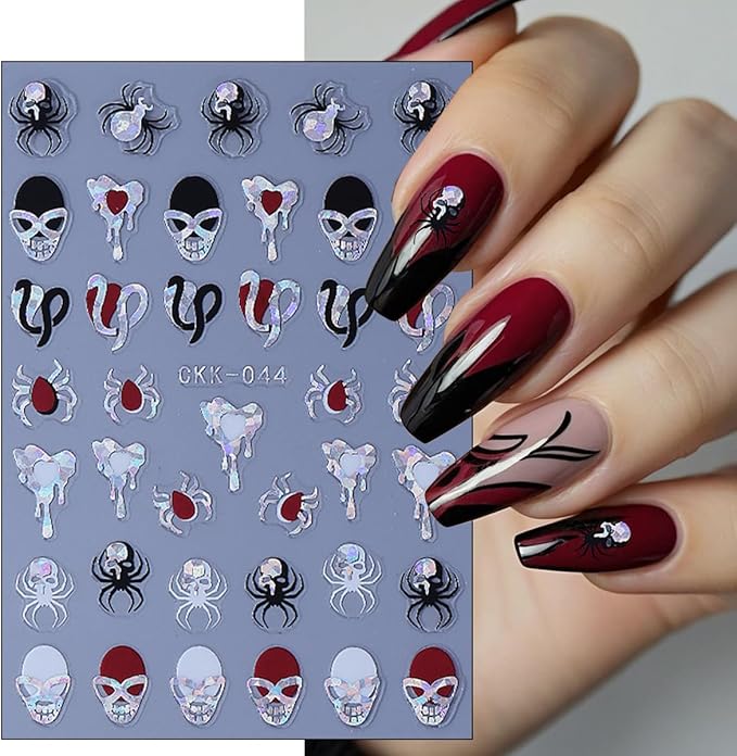 6Pcs Halloween Nail Stickers 3D Horror Skeleton Nail Decals Self Adhesive Snake Ghost Blood Hand Bone Knife Design Goth Nail Art Sticker Laser Skull Spider Nail Supplies for Women DIY Holiday Manicure