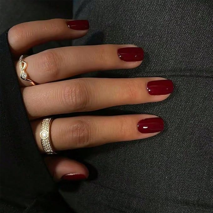 Wine Red Press on Nails Short Square, Burgundy Glossy Fake Nails Kit, Fashion Glossy Acrylic Press on Nails, Natural Stick on Nails, Thick Reusable Glue on Nails Short Press on Nails for Women, 24Pcs