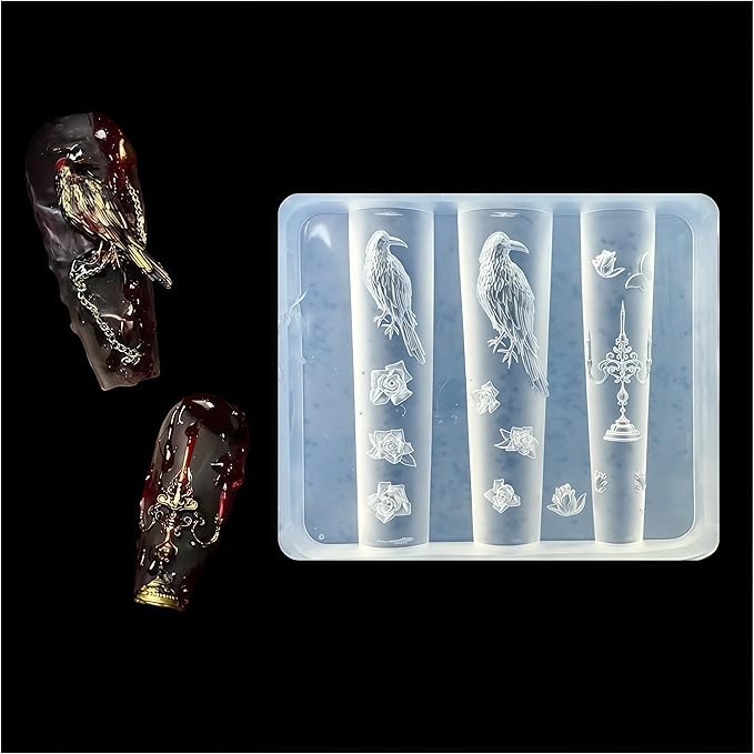 3D Crow Nail Art Molds Candlestick Flower Design, Silicone Nails Tool Y2k Decoration