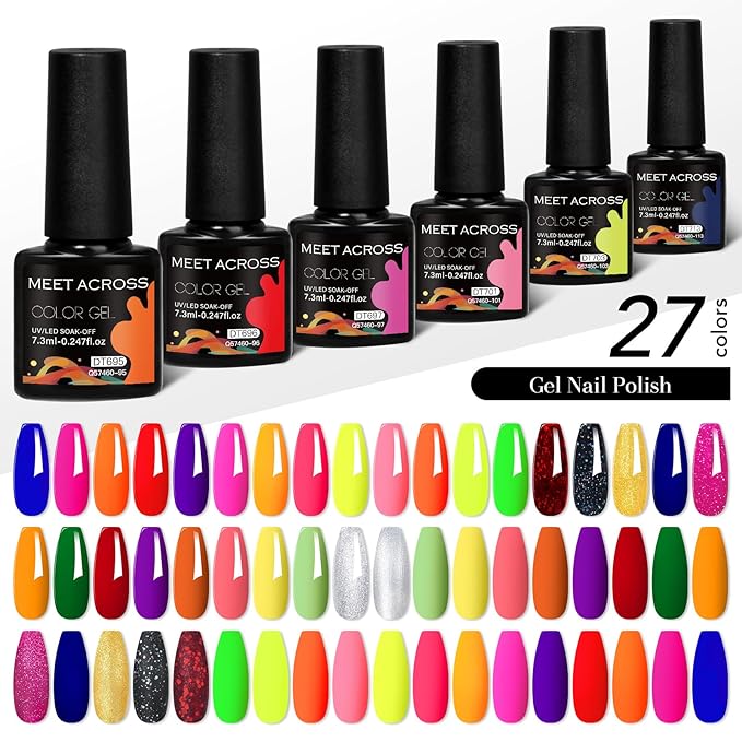 MEET ACROSS 30pcs Gel Nail Polish Set,Soak Off UV LED Lamp Gel Nail Polish Kit,Fashion Shimmer Nail Art Design Gifts for Women Manicure Salon (Neon)