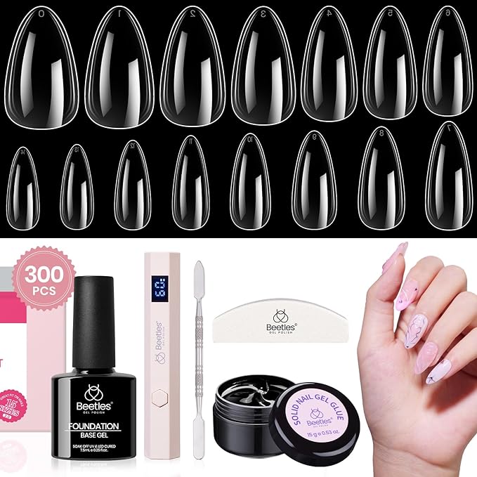 Beetles Gel Nail Kit, 300Pcs Almond Medium Nail Tips with Solid Nail Gel Glue,15 Sizes Soft Clear Nail Tips with Base Coat, Handheld Nail Lamp, Easy Nail Extension Set DIY Manicure Art Gift for Girls