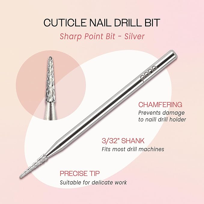 PANA 3/32" Carbide Cuticle Nail Drill Bit for Cuticle Cleaning, Dead Skin Removal, Gel Polish & Acrylic Removal, Under Nail Cleaner, Nail Salon, Manicure Tools (Sharp Point - Silver, Medium)