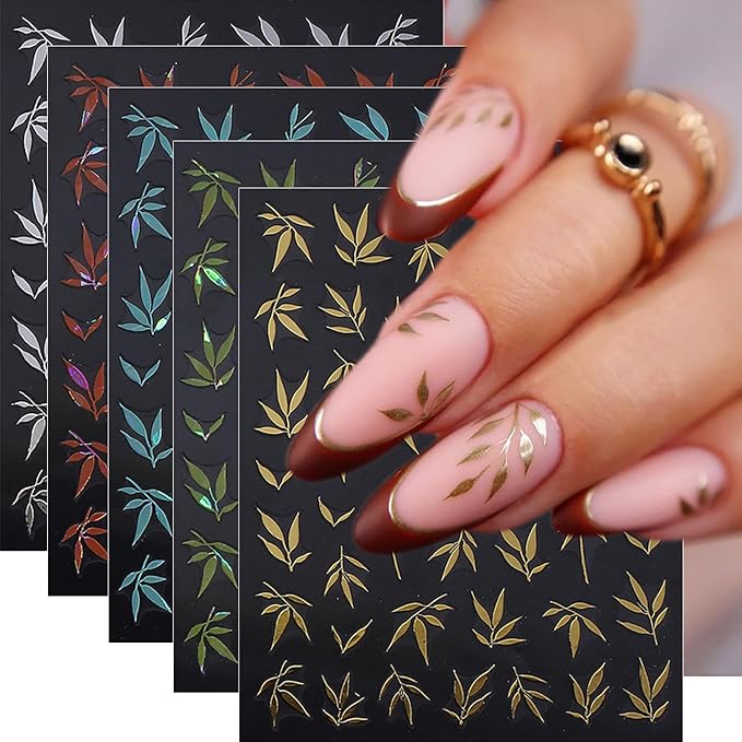 5 Sheets Fall Nail Stickers Colorful Bamboo Leaf Nails Decals 3D Self Adhesive Orange Blue Green Silver Gold Nails Design Autumn Nail Art Stickers Fall Leaves Sticker for Women Manicure Supplies