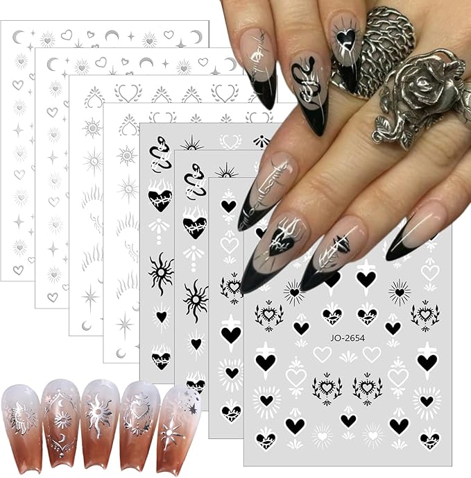 8 Sheets Laser Sliver Sun Moon Star Nail Art Stickers 3D Self-Adhesive Silver Stars Heart Nail Stickers Silver Metallic Hollow Heart Moon Star Design Nail Decals for Women Girls Nail Decorations