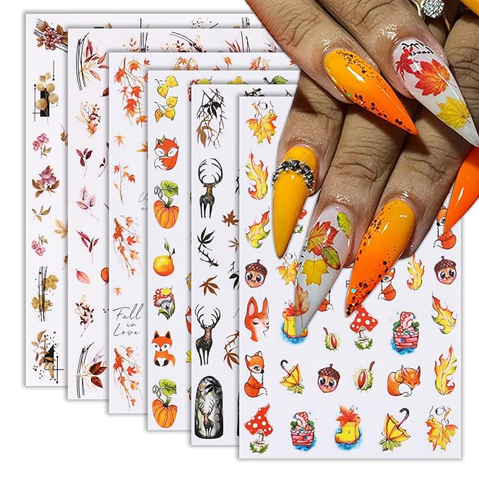 6Sheets Fall Nail Art Stickers Gold Yellow Maple Leaf 3D Self-Adhesive Nail Decals Cute Squirrel Elk Designs Autumn Nail Decorations Thanksgiving Nail Supplies for Women Girls DIY Nail Accessories