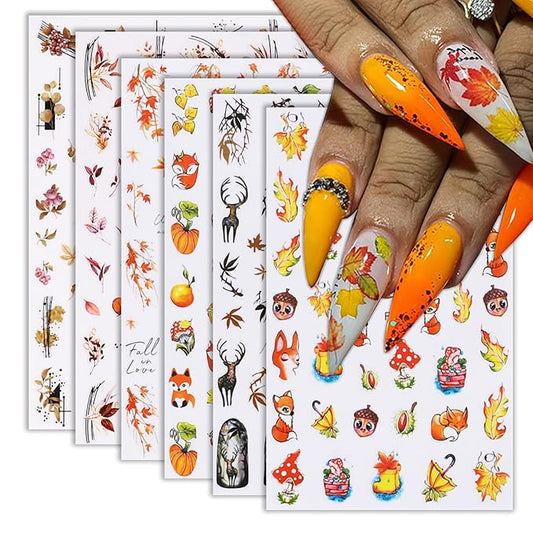 6Sheets Fall Nail Art Stickers Gold Yellow Maple Leaf 3D Self-Adhesive Nail Decals Cute Squirrel Elk Designs Autumn Nail Decorations Thanksgiving Nail Supplies for Women Girls DIY Nail Accessories