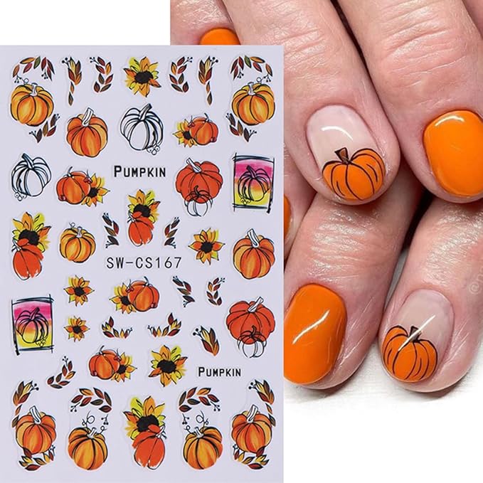 Fall Nail Art Stickers Autumn Leaf Pumpkin Nail Stickers 6PCS 3D Self-Adhesive Foxes Leaves Floral Pumpkin Design Nail Decals Nail Art Supplies Fall Sticker Sliders for Nails DIY Manicure Decorations