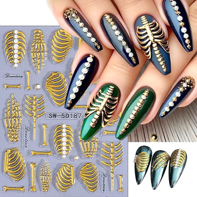 3 Sheets Embossed Halloween Nail Art Stickers Decals Gold Pink White Self-Adhesive Nail Stickers Design 5D Horror Bone Skull Hand Nail Decals for Women DIY Manicure Halloween Party Nails Decoration